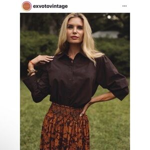Woman Ex Voto 100% Cotton Chocolate Brown Button Down Long Sleeve Blouse Medium